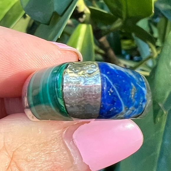 VINTAGE MALACHITE & LAPIS 925 STERLING SILVER STATEMENT RING UNIQUE DESIGN